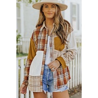 Orange Plaid Color Block Patchwork Shirt Jacket with Pocket - L thumbnail
