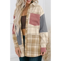 Pink Plaid Color Block Patchwork Shirt Jacket with Pocket - L thumbnail