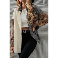 Gray Color Block Leopard Patched Corduroy Shacket - S thumbnail