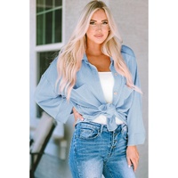 Sky Blue Roll Tab Sleeve Ribbed Cording Shacket - M thumbnail