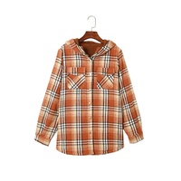 Orange Plaid Pattern Sherpa Lined Hooded Shacket - M thumbnail