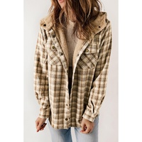 Khaki Plaid Pattern Sherpa Lined Hooded Shacket - M thumbnail