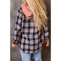 Pink Contrast Hooded Drawstring Plaid Shacket - M thumbnail