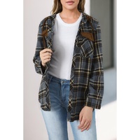 Contrast Hooded Drawstring Plaid Shacket - M thumbnail
