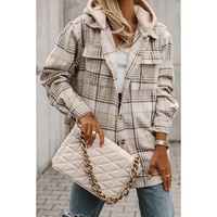 Khaki Plaid Removable Hood Buttoned Shacket - L thumbnail