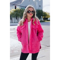 Dark Pink Faux Suede Sherpa Patchwork Button-up Shacket - M thumbnail