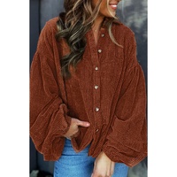 Coffee Textured Corduroy Puff Sleeve Shacket - M thumbnail