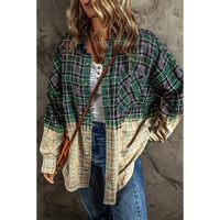 Blackish Green Contrast Plaid Patchwork Chest Pocket Button up Shacket - L thumbnail