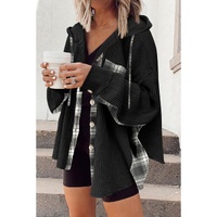 Black Waffle Knit Plaid Patchwork Drawstring Hooded Shacket - L thumbnail