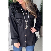 Black Sequin Patch Chest Pocket Corded Shacket - M thumbnail
