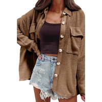 Dark Khaki Solid Color Corduroy Buttoned Long Sleeve Shacket - S thumbnail