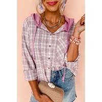 Pink Checkered Print Loose Fit Buttoned Hooded Shacket - L thumbnail