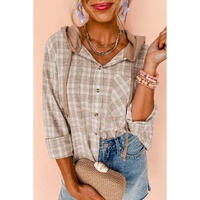 Khaki Checkered Print Loose Fit Buttoned Hooded Shacket - S thumbnail