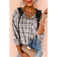 Black Checkered Print Loose Fit Buttoned Hooded Shacket - L thumbnail