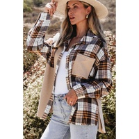 Khaki Thermal Knit Plaid Patchwork Shacket - M thumbnail