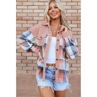 Light Pink Plaid Corduroy Patchwork Chest Pocket Shacket - S thumbnail
