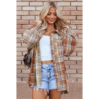 Khaki Plaid Colorblock Patchwork High Low Shacket - L thumbnail