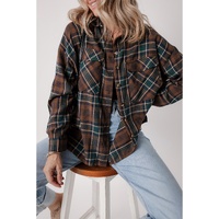 Brown Plaid Print Chest Pockets Buttoned Shirt Jacket - L thumbnail