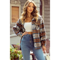 Cinnamon Plaid Print Chest Pockets Turn Down Collar Shacket - L thumbnail