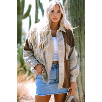 Khaki Houndstooth Color Contrast Textured Patchwork Loose Shacket - L thumbnail