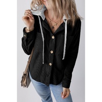 Black Hooded Drawstring Pockets Corduroy Shacket - S thumbnail