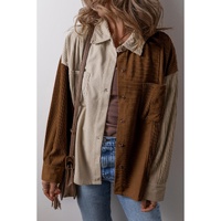 Brown Color Block Chest Pockets Buttoned Corduroy Shacket - L thumbnail