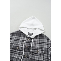 Black Plaid Print Flap Pockets Contrast Hooded Loose Shacket - S thumbnail
