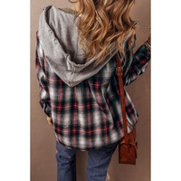 Red Plaid Print Chest Pocket Buttoned Hooded Shacket - M thumbnail