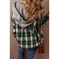 Green Plaid Print Chest Pocket Buttoned Hooded Shacket - 2XL thumbnail