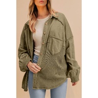 Moss Green Waffle Knit Patchwork Buttoned Oversized Shacket - L thumbnail