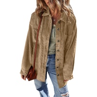 Light French Beige Patched Pocket Button Up Corduroy Shacket - M thumbnail
