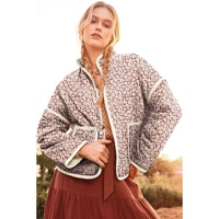 Pink Floral Print Contrast Edge Pocketed Stand Neck Jacket - M thumbnail