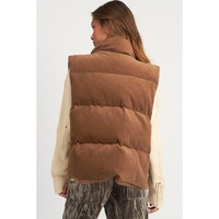 Coffee Corduroy Stand Neck Zipped Puffer Vest - XL thumbnail