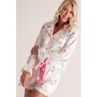 White Plus Size Wine Glass Print Bow Knot Pajama Set - 1X thumbnail