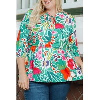 Multicolor Floral Tie Split Neck Plus Size Peplum Blouse - 2X thumbnail