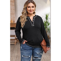 Black Plus Size Contrasting Topstitch Ribbed Henley Top - 1X thumbnail
