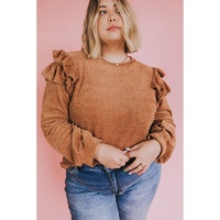 Brown Plus Size Solid Ruffled Tiered Long Sleeve Top - 3X thumbnail