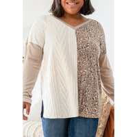 Gray Plus Size Leopard Patchwork Mix Knit Long Sleeve Top - 2X thumbnail