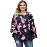 Navy Blue Plus Size Crochet Detail Cold shoulder Floral Blouse - 1X thumbnail