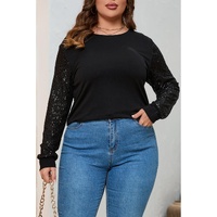 Black Sequin Contrast Long Sleeve Plus Size Top - 2X thumbnail