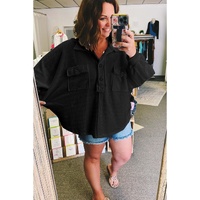 Black Plus Size Long Sleeve Flap Pocket Henley Top - 2X thumbnail