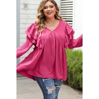Pink Crinkle Ruffled V Neck Plus Size Blouse - 1X thumbnail