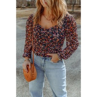 Black Plus Size V Neck Bubble Sleeve Floral Blouse - 1X thumbnail