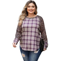 Chestnut Plus Size Leopard Raglan Sleeve Plaid Top - 1X thumbnail