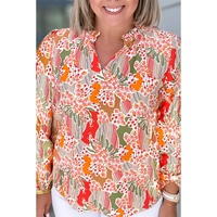 Orange Printed Floral Abstract Print Frilled V Neck Plus Size Blouse - 1X thumbnail