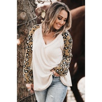 Beige Printed Plus Size Waffle Knit Contrast Leopard Long Sleeve Top - 1X thumbnail