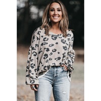 Gray Printed Leopard Balloon Sleeve Thermal Knit Plus Size Top - 1X thumbnail