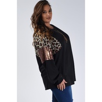 Black Leopard Sequin Patch Plus Size Long Sleeve Top - 1X thumbnail