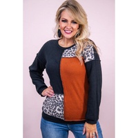 Black Orange Colorblock Leopard Patchwork Waffle Knit Plus Size Top - 1X thumbnail