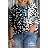 Black Plus Size Contrast Leopard Half Sleeve Blouse - 2X thumbnail